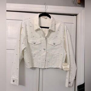 White pearl cropped denim jacket